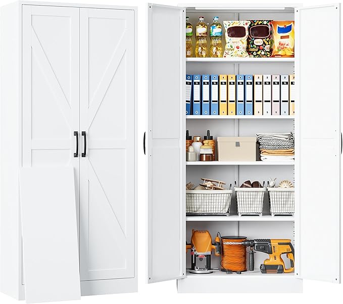 SISESOL Metal Storage Cabinet with 2 Doors and 5 Shelves,61 inch White Pantry Storage Cabinet,Large Farmhouse Pantry Cupboard for Home,Kitchen,Dining/Living Room-Ruum Studio Home