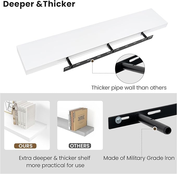 White Floating Wood Shelves for Wall 48 Inch, 8 in Deep Pine Shelf Floating Home Decor, Heavy Duty Shelf Hold 100 lbs, Wall Shelves for Bathroom Living Room Kitchen Bedroom Office Book, Set of 2-Ruum Studio Home