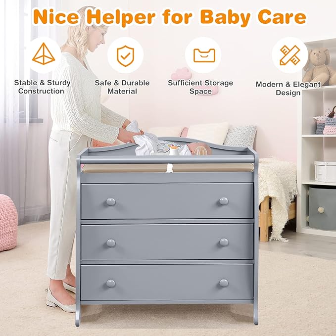 Costzon 3-Drawer Changing Table, Infant Diaper Changing Station with Drawers, Safety Rails & Strap, Baby Changing Table Dresser for Nursery, Easy Assembly (Gray)-Ruum Studio Home