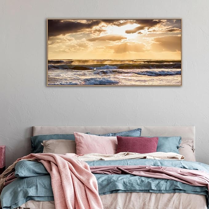 Framed Sunset Ocean Wall Art - Canvas Wall Decor Glow Sea Scene Nature Landscape Prints Sunset Over the Ocean Painting Artwork Living Room Bedroom Office Home 24" x 48"-Ruum Studio Home