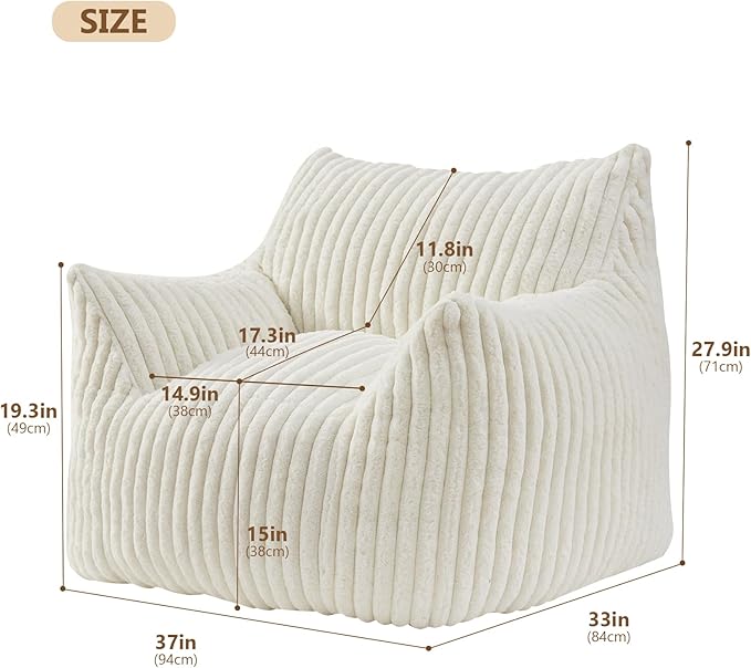 Giant Bean Bag Chairs for Adults Teens, Large Bean Bag Sofa Chairs with Filling Comfy Fuzzy BeanBag Chair with Armrests for Bedroom Living Room Reading-Ruum Studio Home