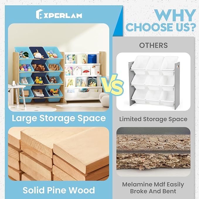 Kids Toy Storage Organizer - Toy Storage with Kids Bookshelf, Toy Organizer with 12 Blue Bins and 4 Book Shelves, Toy Organizers and Storage for Playroom, Nursery, Kids Room, Burlywood-Ruum Studio Home