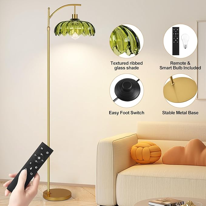 Gold Floor Lamps for Living Room Glass Vintage Floor Lamp with Remote Control,Dimmable Mid Century Modern Standing Lamp with 3 Color Temperature Tall Flower Lamp Brass Floor lamp for Bedroom Corner-Ruum Studio Home