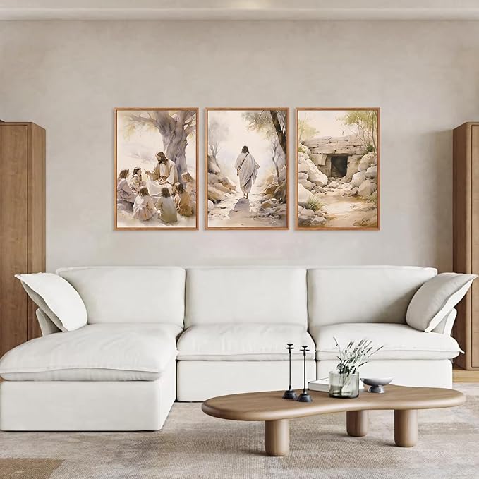 Aurlan Jesus Teaching Children Jesus on Path Framed Empty Tomb Bible Stories Wall Art(16"x24"), 3PCS Boho Christian Easter Scripture Gifts Canvas Artwork, Large Spiritual Religious Faith Decor Prints for Office Home-Ruum Studio Home