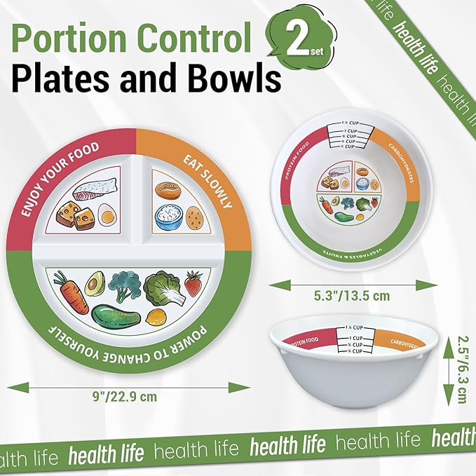 4 Pcs Portion Control Plates & Bowls Set (9 Inch), Self-Measuring for Weight Loss, Gastric Bypass, LapBand, Diabetes, & Healthy Diets, Divided Nutrition Plates for Adults & Children-Ruum Studio Home
