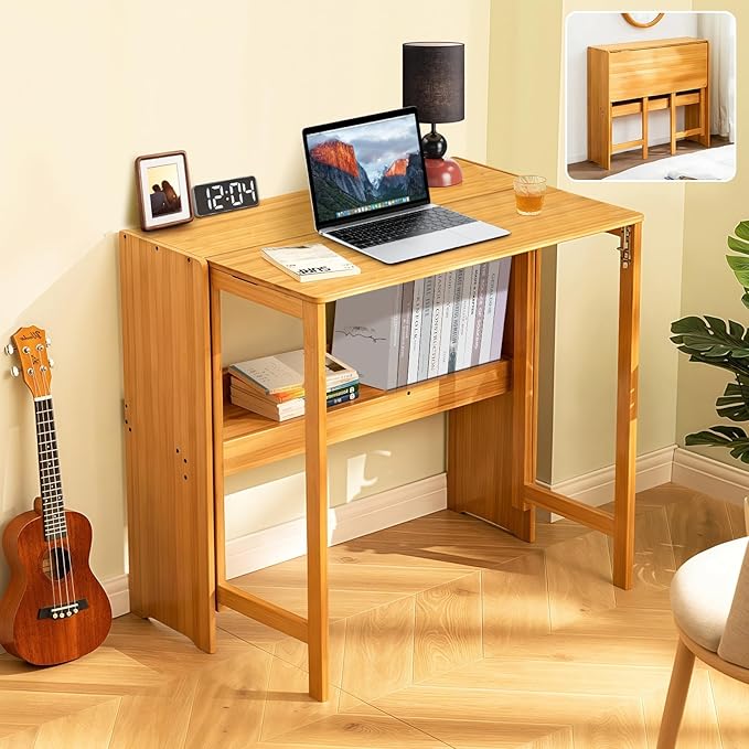 31.5" Bamboo Folding Desk,Space-Saving Computer Desk for Small Spaces, Foldable Study Table for Bedroom, Home Office, Dorm, Apartment（Natural）-Ruum Studio Home