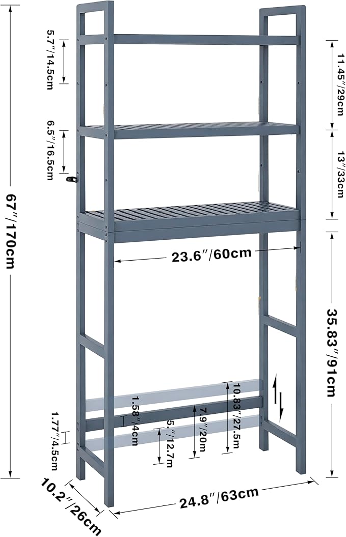 SMIBUY Bathroom Storage Shelf, Bamboo Over-The-Toilet Organizer Rack, Freestanding Toilet Space Saver with 3-Tier Adjustable Shelves (Grey)-Ruum Studio Home
