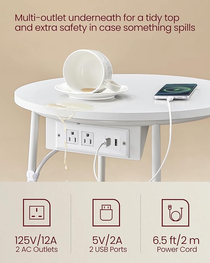 VASAGLE Side Table with Charging Station, Round End Table with Fabric Basket, Nightstand with Power Outlets, USB Ports, for Living Room, Bedroom, Modern, Matte White and Camel Brown ULET228W01-Ruum Studio Home