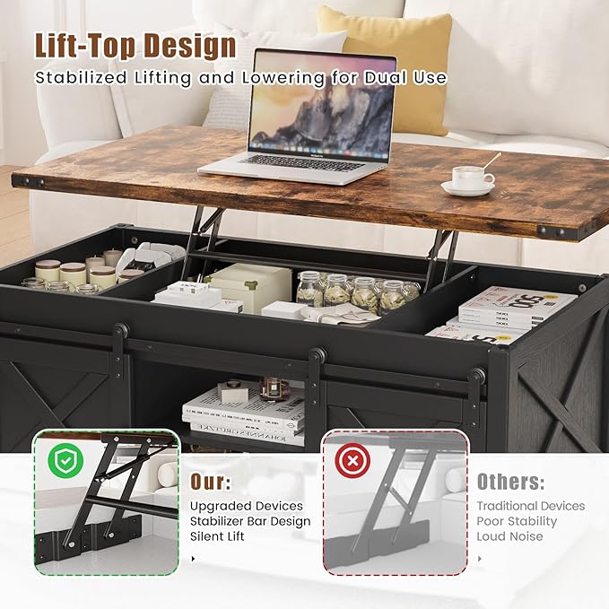 48" Farmhouse Lift Top Coffee Table with Storage Sliding Barn Door & Large Hidden Compartment, Coffee Table with Lifting Top with Wooden Lift Tabletop, Coffee Tables for Living Room, Black-Ruum Studio Home