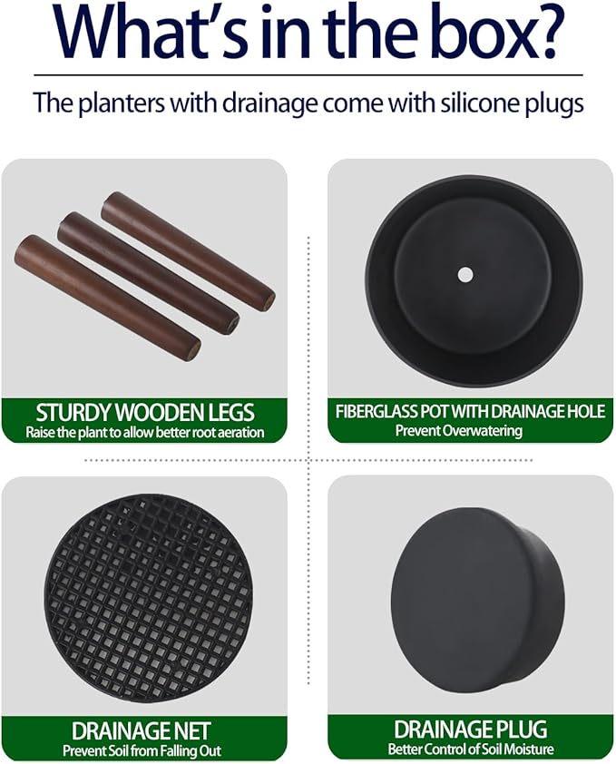 10 & 12 Inches Plant Pot with Stand Set of 2, Large Matte Gray Modern Planters for Indoor Outdoor Plants with Drainage Holes, Big Flower Pots with Wood Legs-Ruum Studio Home