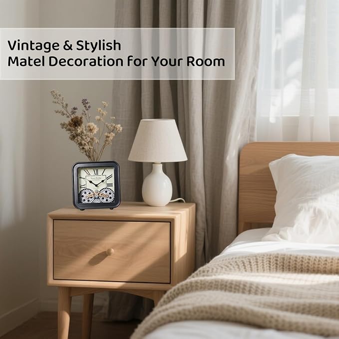 Desk Clock Vintage Metal Table Clocks with Moving Gears, Silent Retro Industrial Steampunk Quartz Small 6 inch End Table Clock for Home Office Living Room Decor Battery Operated (Black)-Ruum Studio Home