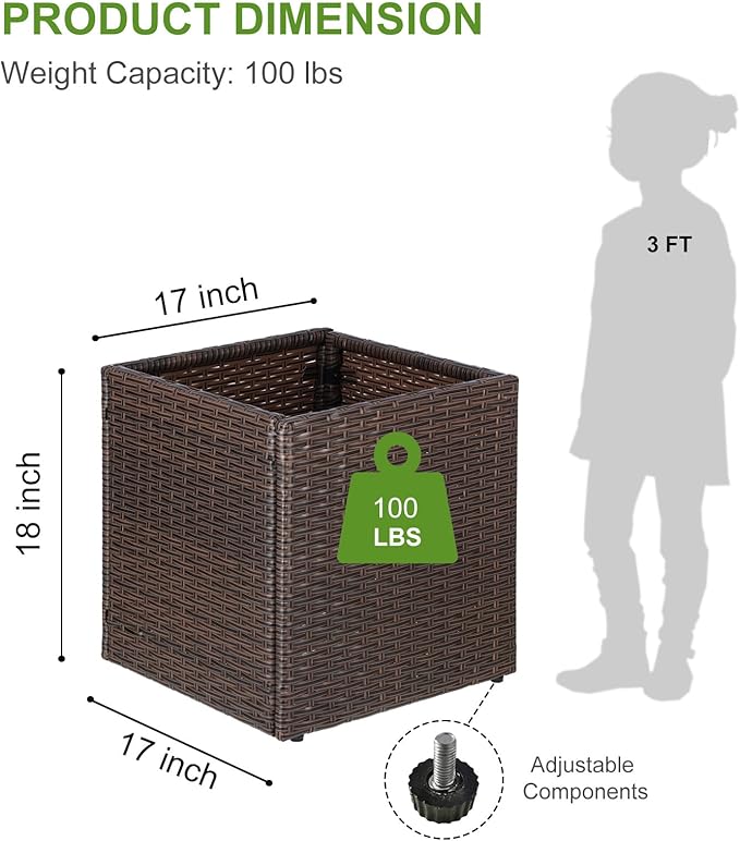 LEWIS&WAYNE Large Square Planter Box Handmade Wicker Tall Planters for Outdoor Plants with Removable Liners Modern Planter for Indoor Outdoor Garden Patio Front Porch - Brown, 17''x17''x18''-Ruum Studio Home