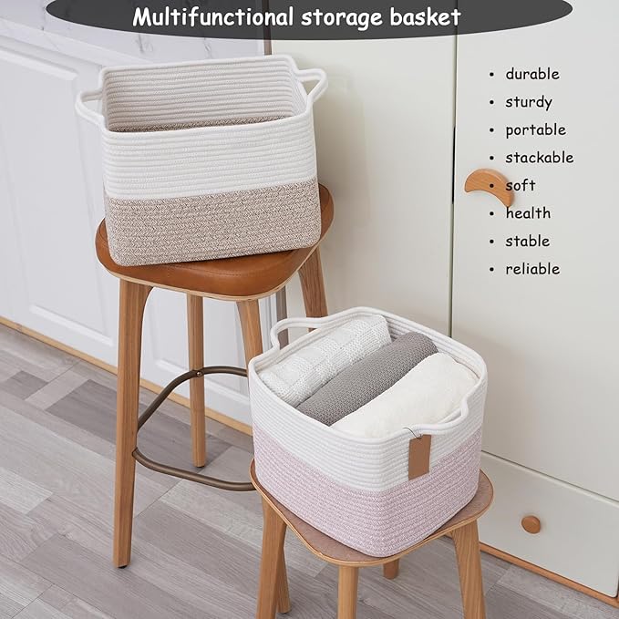 COMFY-HOMI 3PACK Cotton Rope Square baske with Handles for Shelves|Dog Toy baske Bin and Storage|Baby baske for Gift|Shoe baske for Organizing|13.5" x 11" x 9.5" for Living Room（White/Pink）-Ruum Studio Home