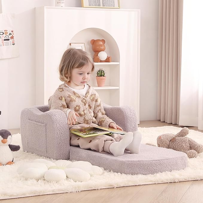 Welnow 2-in-1 Kids Sofa Chair, Convertible Toddler Chair Flip Out Children Sofa Chair with Wave Armrests Folding Kids Play Sofa with Side Pockets & Removable Cover Armchair for Girl or Boy-Ruum Studio Home