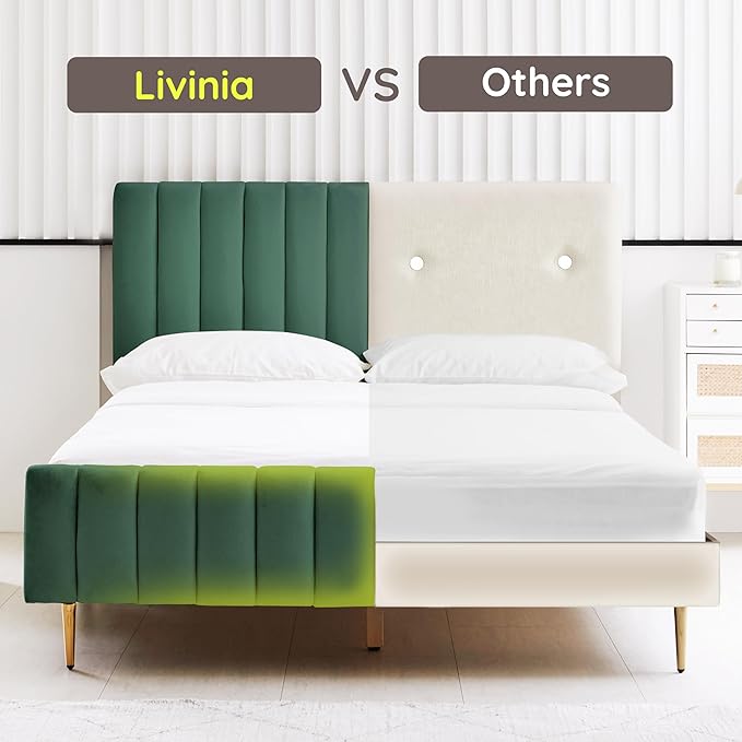 Livinia Full Size Elton Velvet Platform Bed, Upholstered Bed Frame with Vertical Channel Tufted Headboard Footboard, Strong Wood Slats, No Box Spring Needed, Green (Full)-Ruum Studio Home