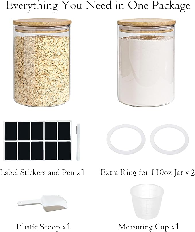 Glass Storage Jars Set Elegant Containers with Airtight Bamboo Lids, Perfect for Kitchen Organization - Flour, Rice, Pasta, Sugar, Coffee Beans, Accessories Included (2 packs(111oz))-Ruum Studio Home