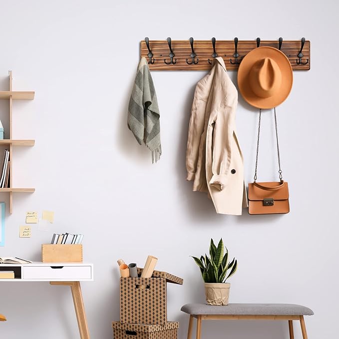 Coat Rack Wall Mount, Wooden Heavy Duty Coat Rack for Wall,8 Triple Coat Hanger Hooks for Hanging Coats,Jacket,Hat,Clothes (Brown, 8 Hooks)-Ruum Studio Home