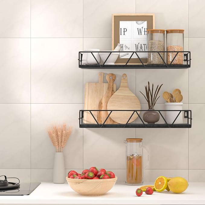 Floating Shelves Set of 3, Home Wood Wall Shelf, Farmhouse Shelf for Bedroom, Wall Mounted Floating Shelf for Living Room, Bedroom, Bathroom, Kitchen, Office (Black 2)-Ruum Studio Home