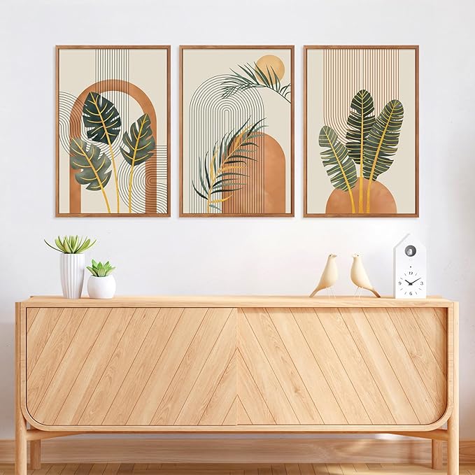 KAIRNE Boho Canvas Wall Art,Tropical Palm Leaf Wall Decor,Mid-Century Geometric Illustrations Set of 3(16”X24”),Abstract Line Pictures,Modern Botanical Prints for Living Room Bedroom Dining Room Decor-Ruum Studio Home