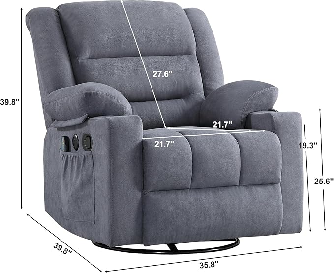 Rocker Recliner Chair with Heat and Massage, 360° Swivel Recliner Chairs for Adults, Heavy Duty Reclining Sofa Chair with USB Port Cup Holders Side Pockets for Living Room (Grey)-Ruum Studio Home