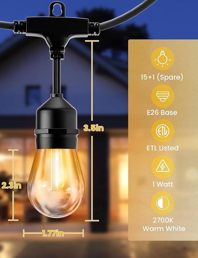 Svater Outdoor Led String Lights 50FT, Patio Lights with 16pcs S14 Shatterproof Bulbs, 1 Watt E26 Dimmable 2700K Warm White, IP65 Waterproof, Commercial Grade Light-Ruum Studio Home