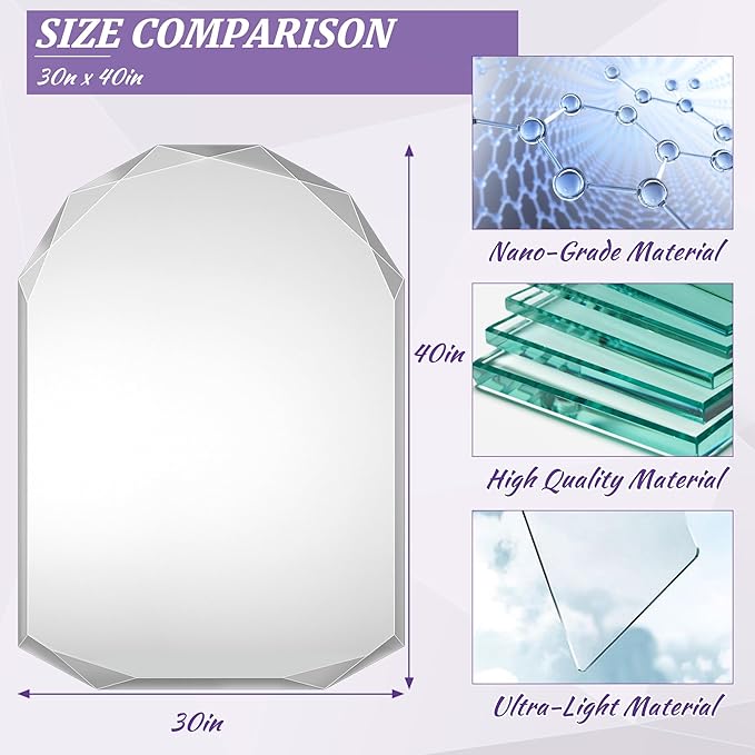 Bathroom Mirror for Wall, 30" x 40" Arched Mirror, Bathroom Vanity Mirrors, Beveled Edge Frameless Wall Mount Vanity Mirror, Wall Mirror Decorative, Irregular Beveled Edge Mirror-Ruum Studio Home