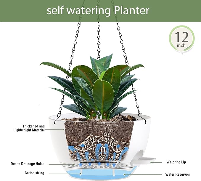 12 Inch Hanging Baskets 2 PC with Chains, Self-Watering Hanging Planters for Indoor Outdoor Plants, Plastic Hanging Flower Pots,White-Ruum Studio Home