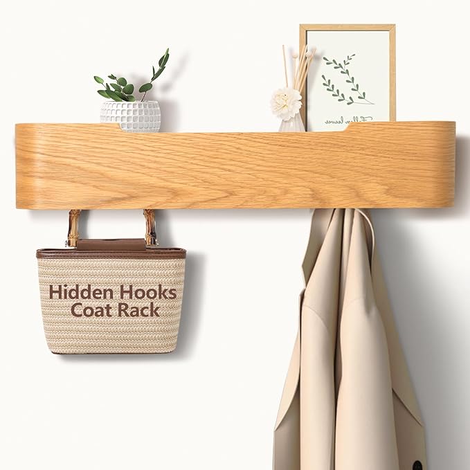 Coat Rack Wall Mount with Hidden Hooks Entryway Hanging Shelf Modern Wood Coat Hanger for Bedroom Kitchen Hallway Bathroom (Oak, 20.9 Inch Long)-Ruum Studio Home