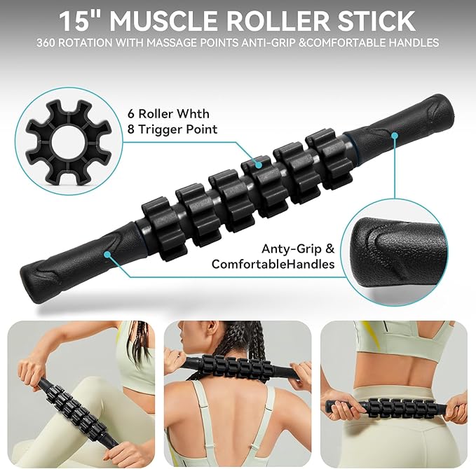 5 in1 Foam Roller Set for Deep Tissue Muscle Massage, High Density Fitness Exercise Foam Roller, Massage Roller, Massage Ball, Resistance Band, for Whole Body (Black)-Ruum Studio Home