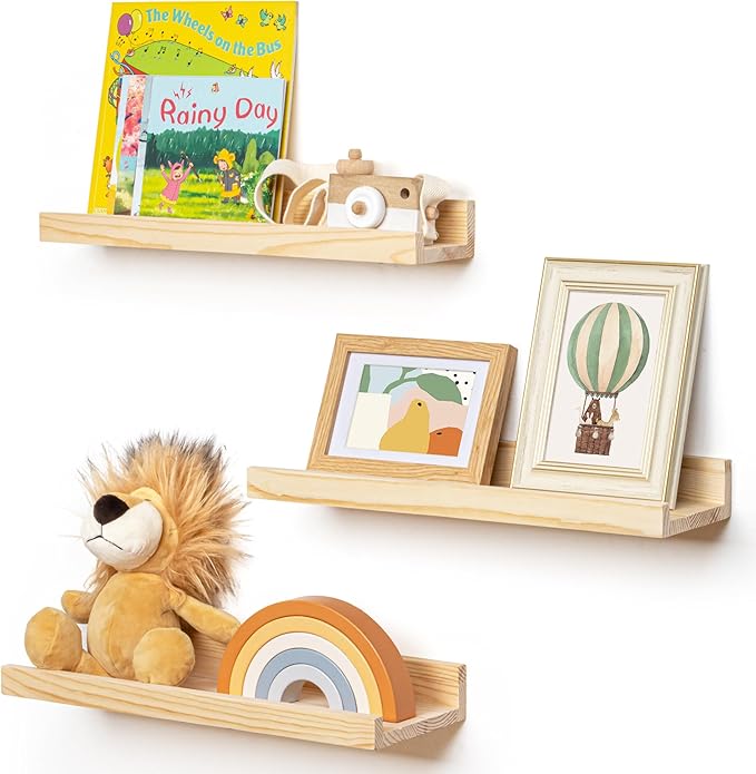 Picture Ledge Shelf for Wall, 16 inches Solid Pine Wood Nursery Book Shelves 3 Packs, Floating Ledge Shelves for Kids' Room Bedroom Bathroom Living Room Photo Frames Office Nursey Wall Decor, Natural-Ruum Studio Home