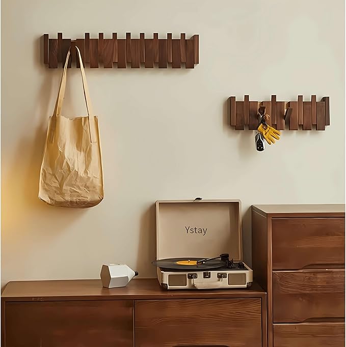Wall Mounted Piano Key Hanger | Flip Style Hook | Entrance Wall Art Hook, Made of Oak Wood (3 Times Painted, 4 Times Polished) (Walnut, 4Hooks)-Ruum Studio Home