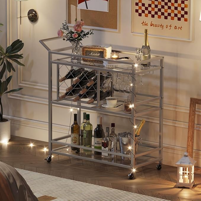 FATORRI Bar Cart Silver, Bar Carts for The Home, Home Bar Serving Carts for Liquor, Rolling Wine Cart with 3 Tier Mirrored Shelves on Wheels for Alcohol and Beverage (Silver)-Ruum Studio Home