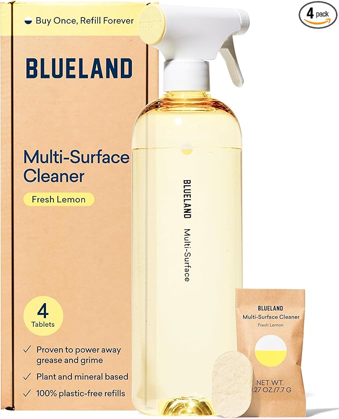 BLUELAND Multi-surface Cleaner, Starter Set, Fresh Lemon Scent, Spray Bottle with 4 Refill Tablets, All-Purpose, Eco-Friendly Cleaning Supplies, 4 x 24 Fl oz-Ruum Studio Home