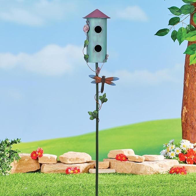 BAYN 57” Bird Houses Stake for Outside, Metal Wild Bird Feeder Double-Hole Birdhouse Stake with Cylinders Design Outdoor Decorations for Patio, Backyard, Garden-Ruum Studio Home