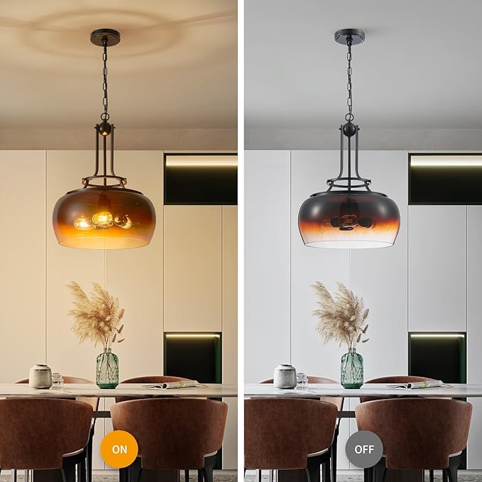 WUZUPS Chandelier Rustic Farmhouse Industrial Round Ceiling Pendant LED Light Fixture with Amber Gradient Black Glass Shade for Dining Room Kitchen Island Foyer Entryway, H 20.9" W 15.9", E26 Base-Ruum Studio Home