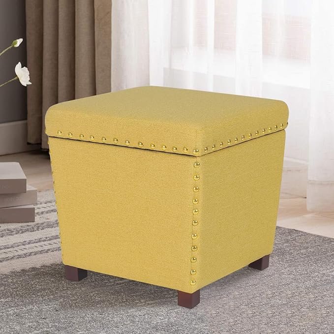 Adeco Square Storage Ottoman with Hinged Lid, Modern Accent Bench Footrest Stool, Coffee Table for Living Room Bedroom,Yellow Large-Ruum Studio Home