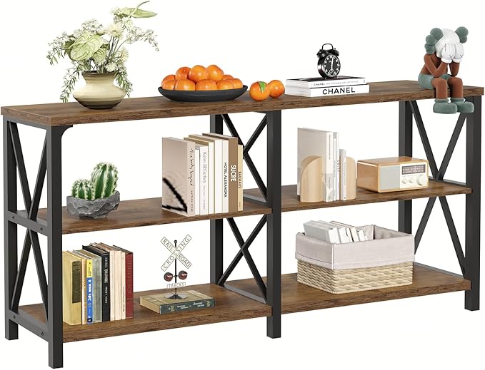 LVB Rustic Console Table, Industrial Wood Metal Sofa Table Behind Couch, Farmhouse Long Entryway Table with Storage Shelf, Large Wooden Foyer Hallway Table for Entry Living Room, Rustic Brown, 63 Inch-Ruum Studio Home