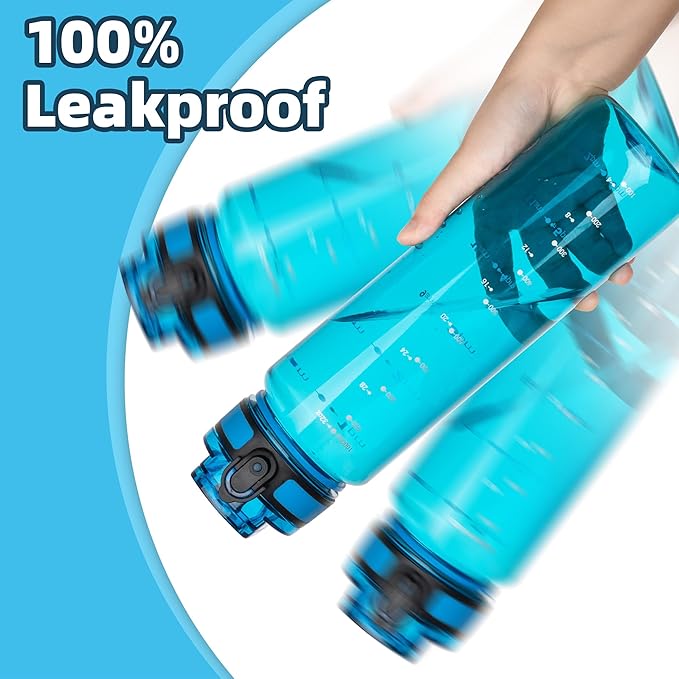 OLDLEY 32 oz Water Bottle, Motivational Water Bottle with Time Marker, Sports Water Bottle With Strap, Leakproof & BPA Free Large Water Bottles for School,Gym,Outdoor, Tritan, Transparent-Blue-Ruum Studio Home