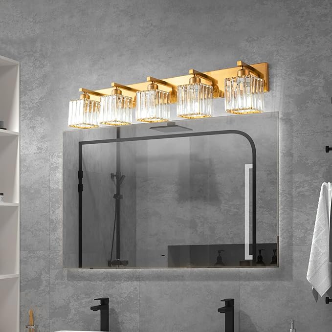 Modern 5-Light Gold Brushed Brass Finish Crystal Wall Light for Bathroom Vanity-Ruum Studio Home
