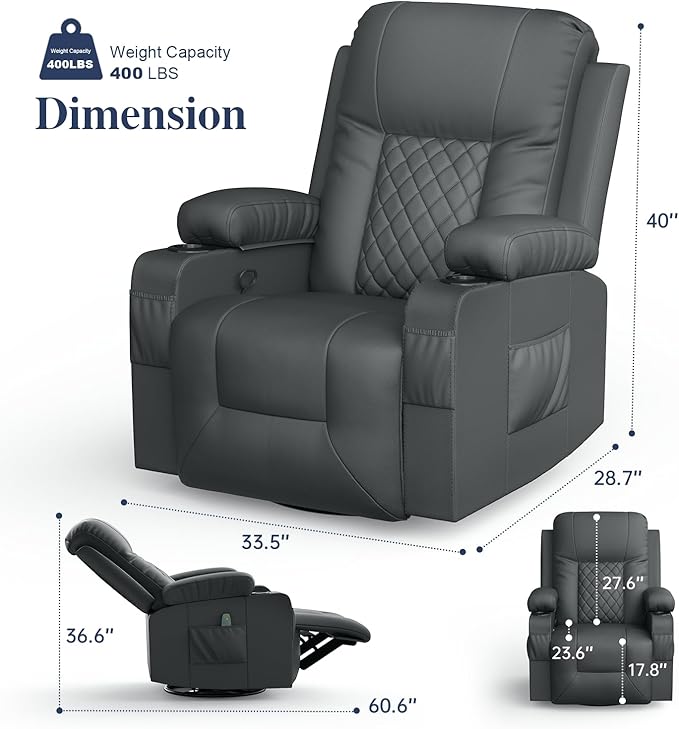 Recliner Chairs for Adults, Massage Rocker with Heated Modern Ergonomic Lounge 360 Degree Swivel Single Sofa Seat Living Room Lounge Recliners Gray-Ruum Studio Home
