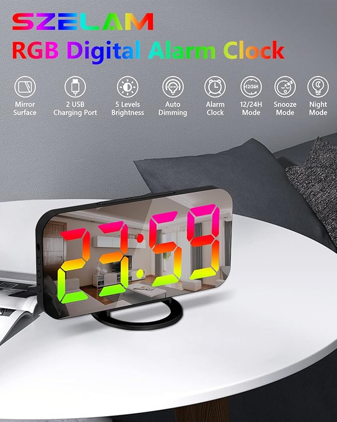SZELAM LED RGB Digital Alarm Clock,with 11 Color Modes Display,Mirror Surface,Dual USB Charger Ports,Modern Desk Clocks for Bedroom Home Office Decor- Black-Ruum Studio Home