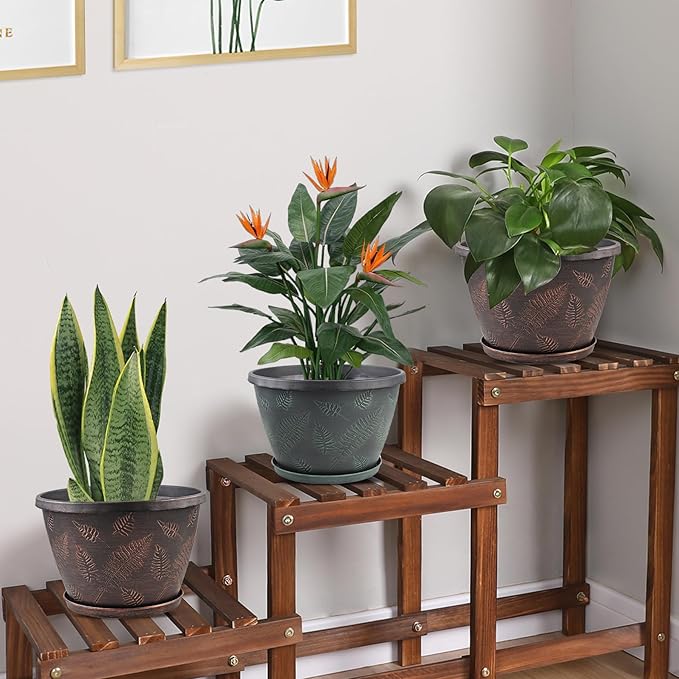 11 inch Plant Pot Set of 3, Plastic Flower Pots with Drainage Hole & Tray, Decorative Round Planters for Indoor Plants, Modern Outdoor Home Flowers Plants Garden Pots (Green)-Ruum Studio Home