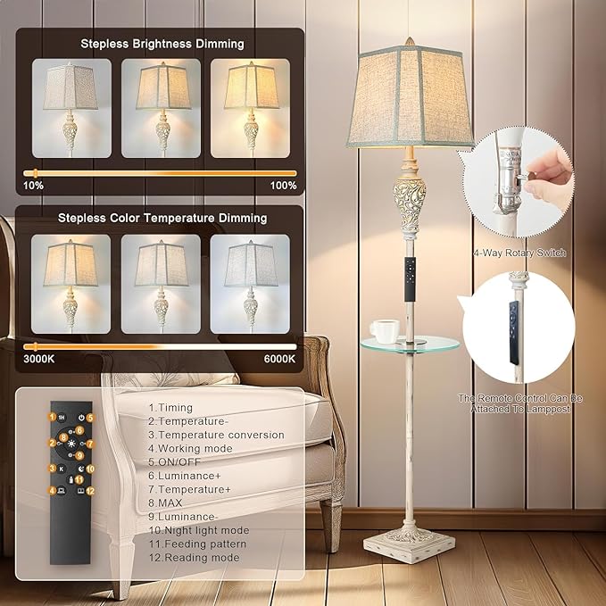 Rustic Floor Lamp, Living Room Lamps with Glass Tray, stepless diming Floor Lamp with Remote Control and USB A&C Charging Ports for Living Room Bedroom Office Smart Bulbs Included-Ruum Studio Home