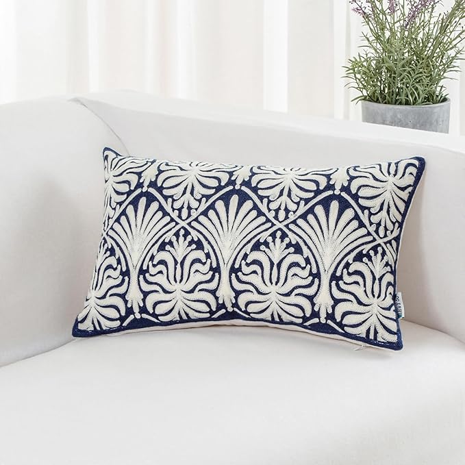 HWY 50 Navy Blue Decorative Lumbar Pillow Cover Rectangle 12x20 Inch (1 Piece), Embroidered Cotton Farmhouse Cushion Cover Pillow Case for Sofa Couch Living Room Bed, Minimalist Floral-Ruum Studio Home