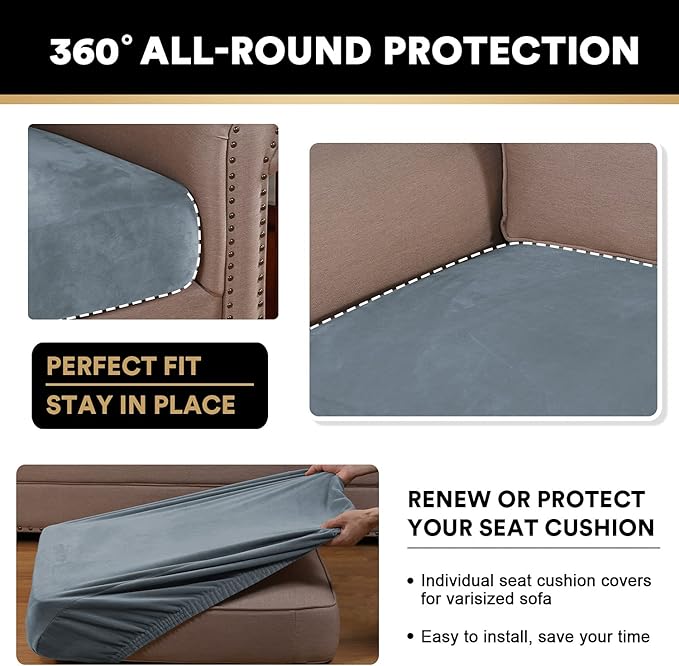 PrinceDeco Velvet Stretch Couch Cushion Cover Soft Cushion Slipcover for Chair Loveseat Sofa Furniture Protector Seat Cushion Sofa Cover (Each Width Up to 29.5", Stone Blue)-Ruum Studio Home