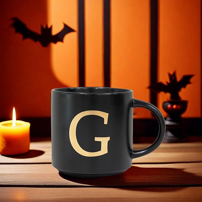 COLLECTIVE HOME - Monogram Ceramic Mugs, 15 oz Golden Initial Black Coffee Cups, Elegant Alphabet Tea Mugs, Elegant Personalized Mug with Gift Box, Unique Mug with Double Side Capital Lette (G)-Ruum Studio Home