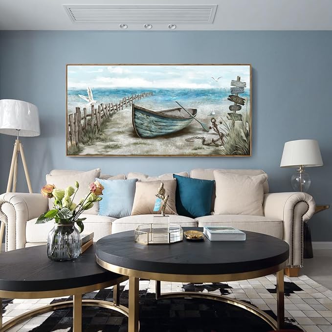 Extra Large Framed Wall Art for Living Room Coastal Décor Rustic Rowboat Canvas Print Big Beach Themed Painting Seagull Vintage Boat Sea Bird Artwork Oversized Blue Teal Seaside Ocean Picture for-Ruum Studio Home