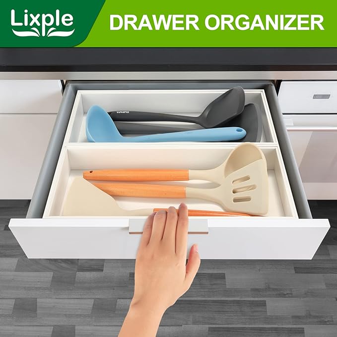 Kitchen Drawer Organizer - 2 Pack, Stackable Bamboo Drawer Organizers, Wooden Storage Box Tray for Cabinet, Pantry, Bathroom Countertop, Multi-use Organization and Storage (White)-Ruum Studio Home