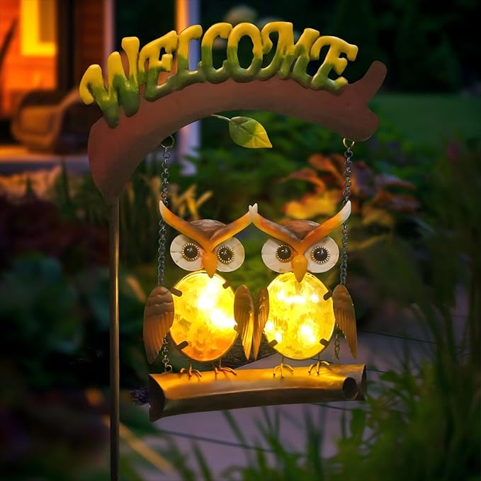 HONGLAND Solar Lights Outdoor Decor, Owl Swing Garden Decor, Owl Gifts for Women Mom, Whimsical Garden Lights Outdoor Decorations with Welcome Sign for Outside Patio Yard Lawn Decor-Ruum Studio Home