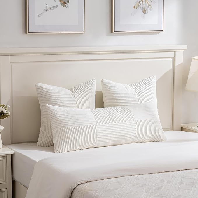 Fancy Homi Set of 2 Cream White Boho Long Lumbar Body Decorative Throw Pillow Cover 14x36 Inch for Bed Couch Bedroom Bench, Soft Patchwork Corduroy Textured Pillow Case, Rustic Farmhouse Room Décor-Ruum Studio Home